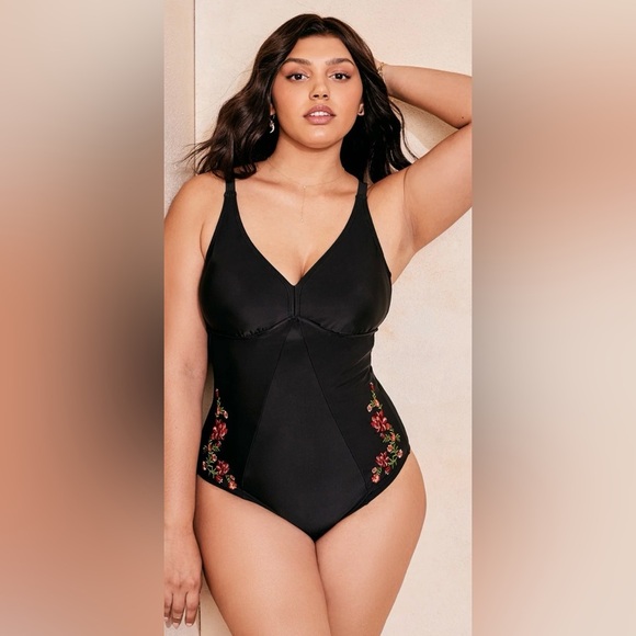 Adore Me Embroidered Flower Black One Piece Swimsuit - Picture 1 of 9